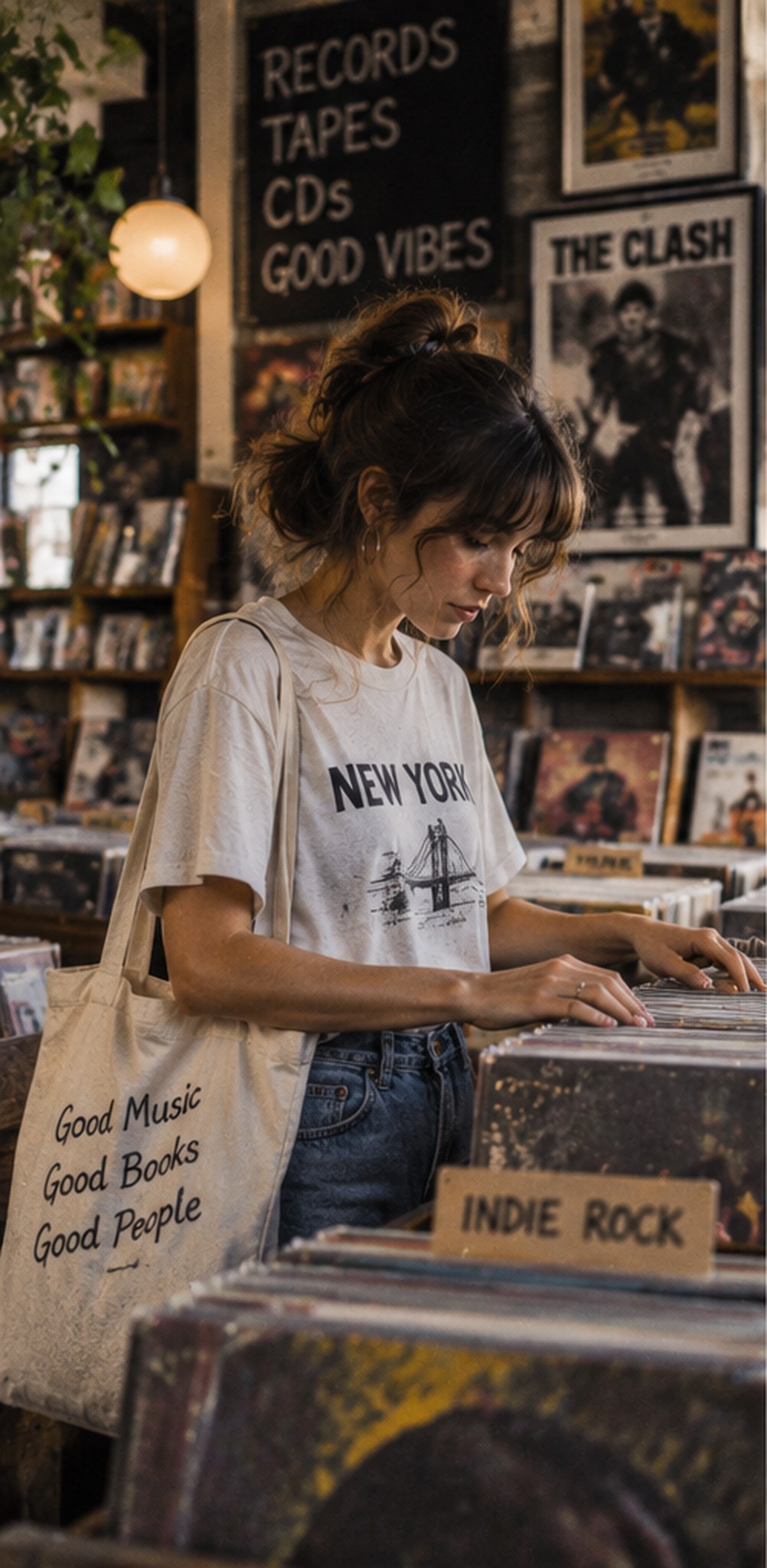 Flipping through the indie rock section of a record shop in a New York tee